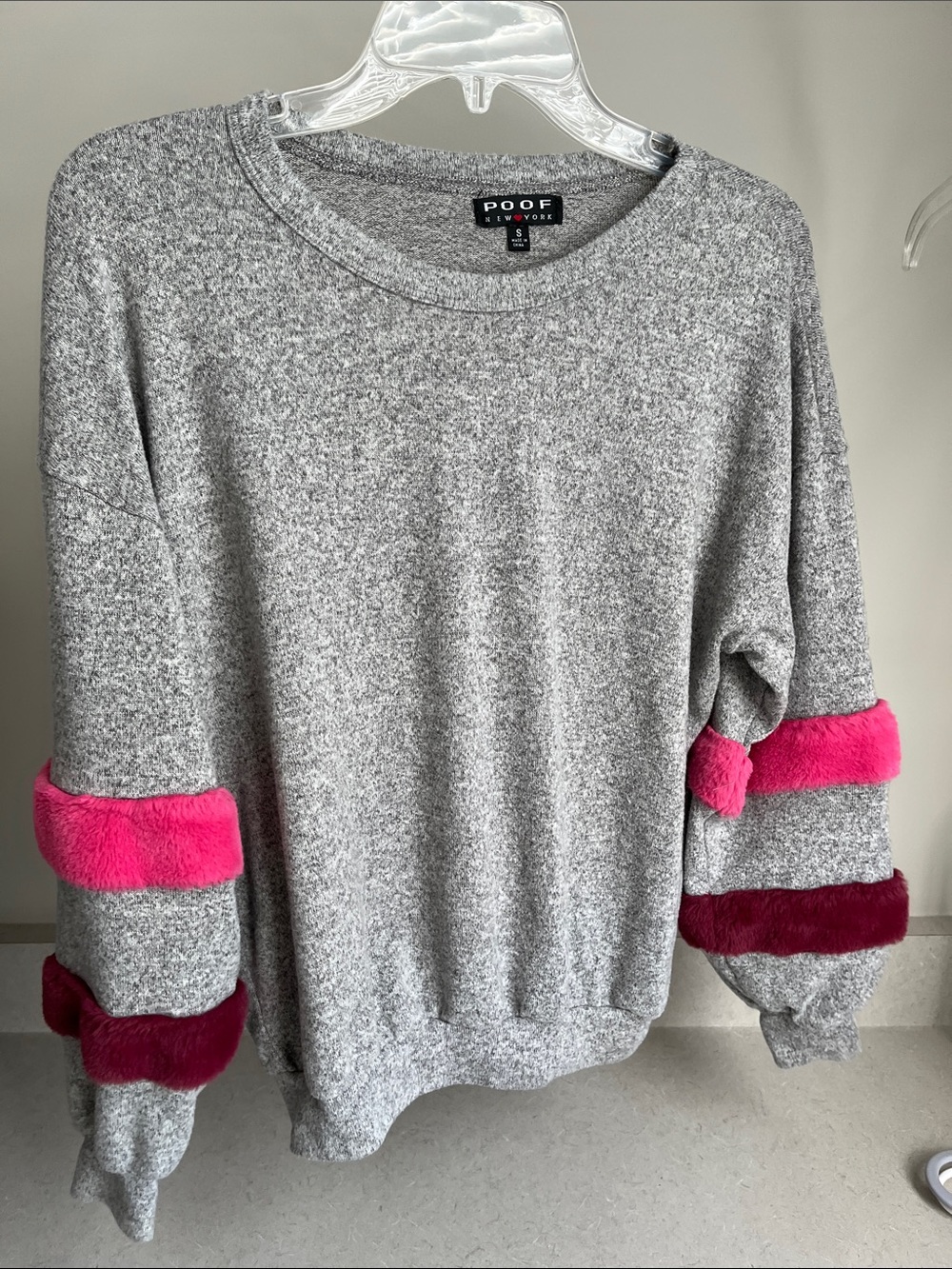 Poof! Gray Crewneck Sweatshirt with Pink and Magenta Fur Sleeve Bands